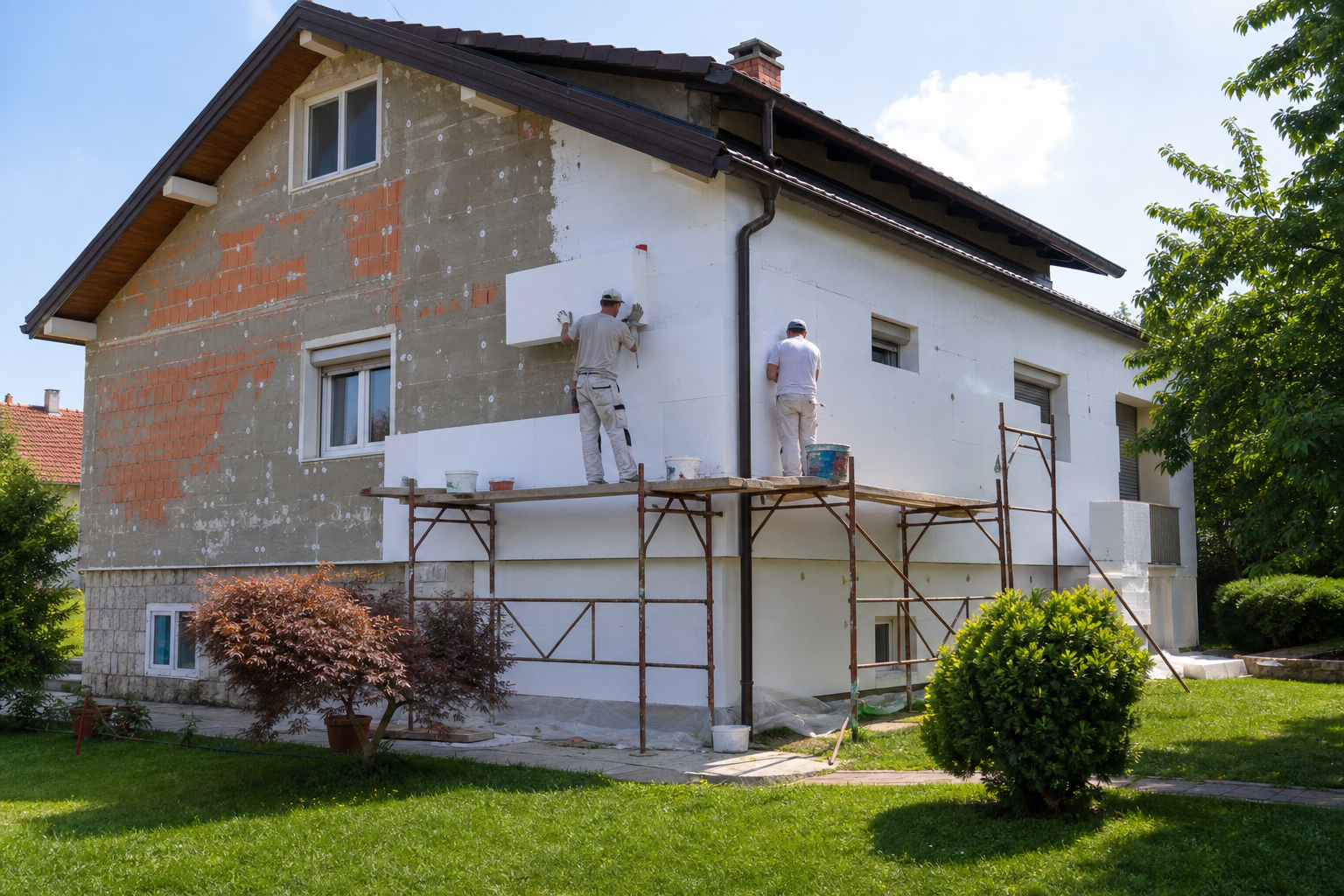 Majstori postavljaju spoljnu izolaciju na porodičnu kuću u Srbiji