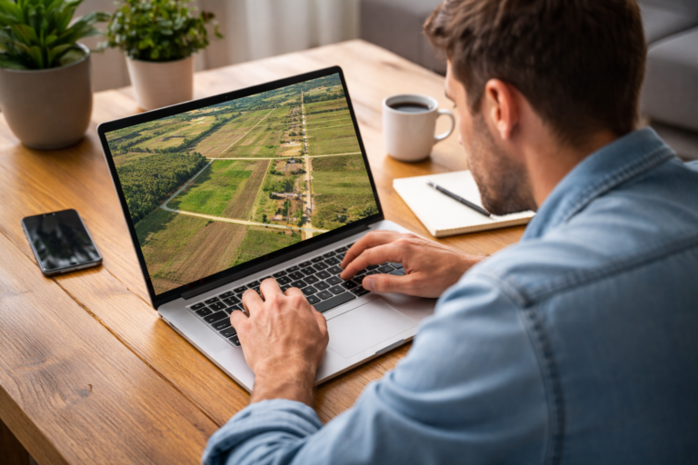 Čovek pretražuje katastarsku parcelu na laptopu koristeći mapu i online alate