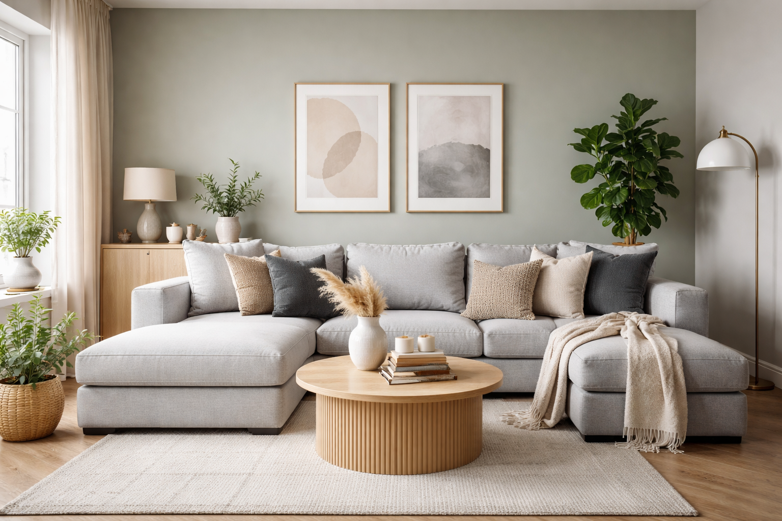 Sivi nameštaj u dnevnoj sobi sa toplim neutralnim bojama zidova