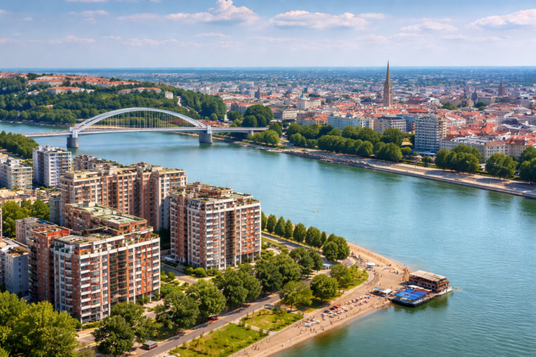 Novi Sad panorama i stambene zgrade uz Dunav – tržište nekretnina i cene stanova