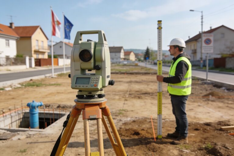 Geometar na terenu meri građevinski plac totalnom stanicom za izradu situacionog plana pre kupovine kuće